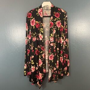 Cool Melon Women’s Black Floral Print Open Front Cardigan Size 3X